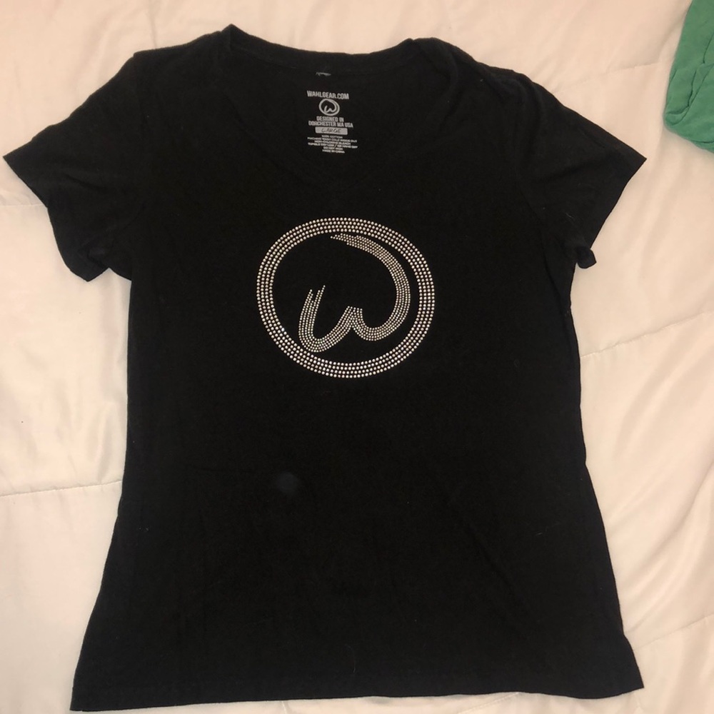 Women's Black Short Sleeve Tee with Rhinestone Circle Emblem